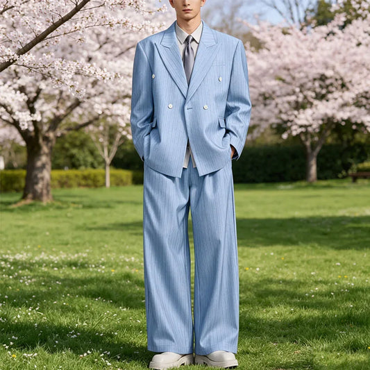 Men's Pinstripe 2-Piece Suit Notch Lapel Jacket Loose Fit Double Breasted Blazer Wide Leg Trousers for Formal Business Casual