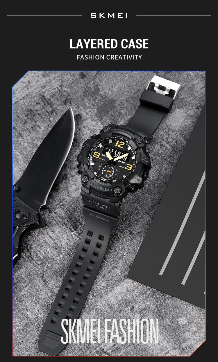Skmei Men's Military Sport's Wristwatch Fashion Big Size Dial Quartz Analog Three Time Zone Male Led Waterproof Stop Watches