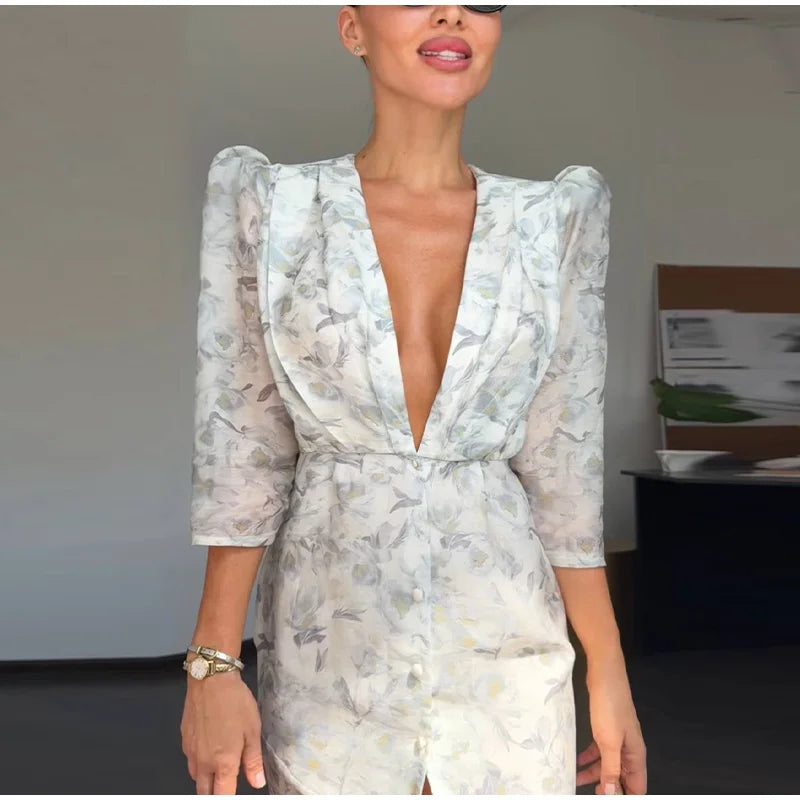 Lace Trim Satin Peplum Midi Dress Deep V-Neck Puff Sleeve A-Line 2026 Spring Summer Chic Elegant Romantic Women Cocktail Dress