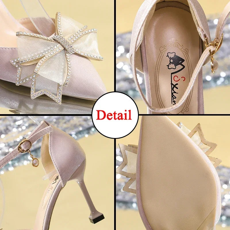 Rimocy Sexy Thin Heels Ankle Strap Pumps Women Lace Bowknot Wedding Party Shoes Woman Elegant Pointed Toe Silk High Heels Shoes