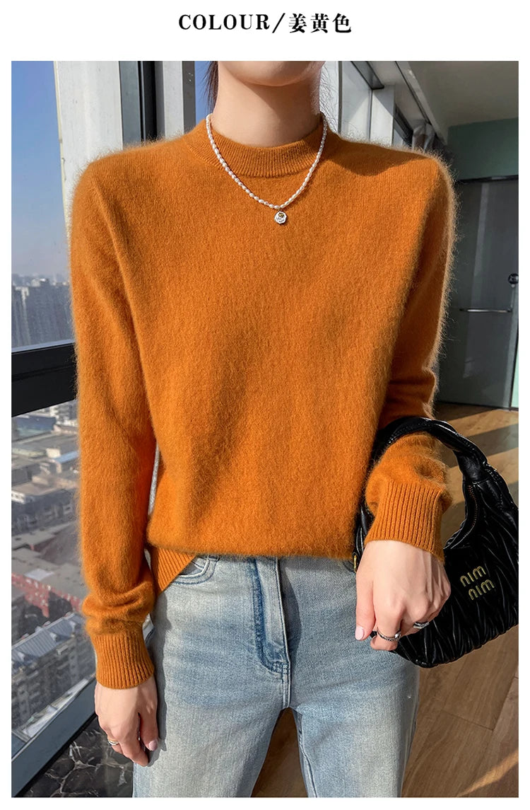 Autumn and winter women's semi high neck pullover sweater solid color knitted slim fit women's 100 mink cashmere sweater new sty
