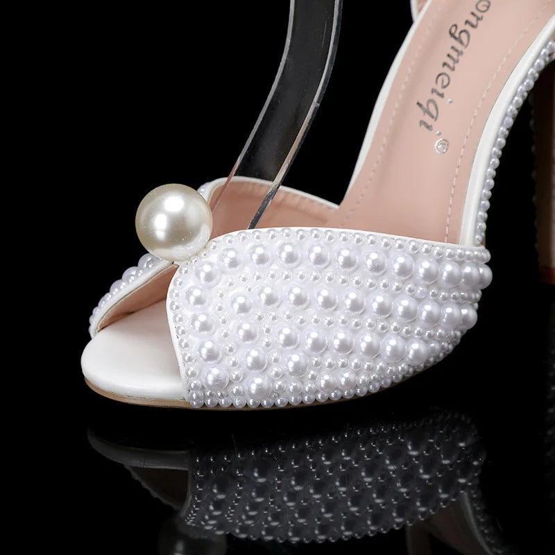 Maogu Women Sandals Fashion High Quality Wedding Shoes Women New Pearls Studs Luxury Peep Toe High Heels Buckle Woman Sandal 43