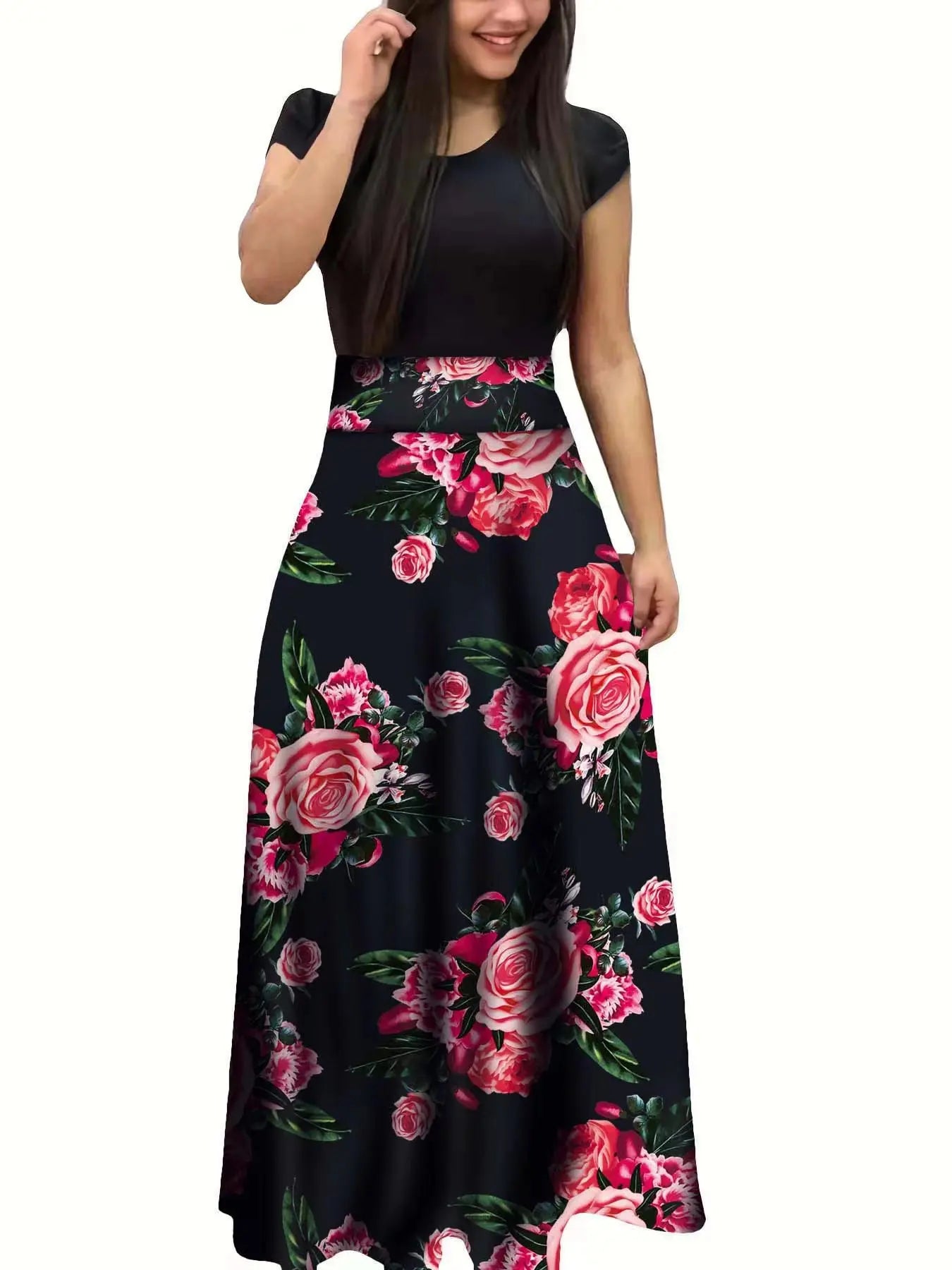2024 European and American style flower print color matching short sleeved dress for women's large swing skirt BAZAARHUBO