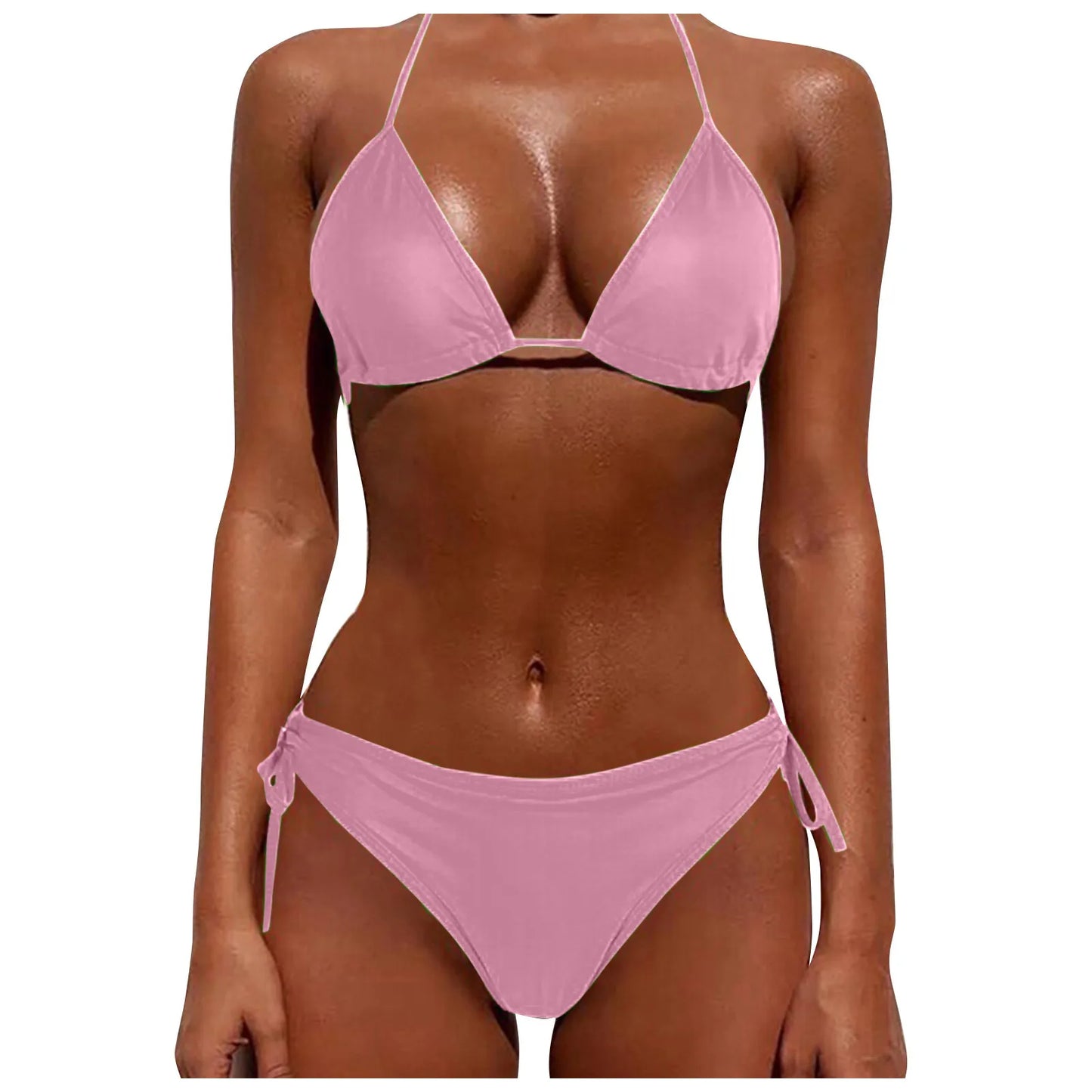 2 Pcs/Set Bikini Set Sexy Bikinis New Solid Color Halter Neck Strap Thong Swimwear Bathing Suit Women Swimsuit Set for Beach