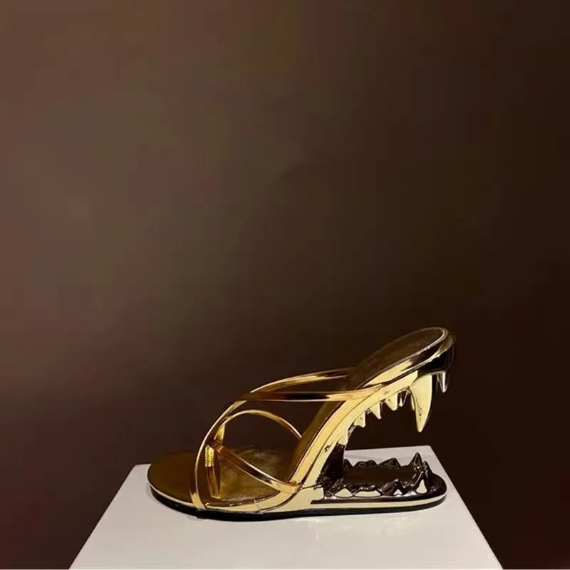 Spring Fashion Show, Teeth Shaped Heels, High Heels with Exposed Toes, Sloping Heels, Round Toe Fashion Women's Shoes