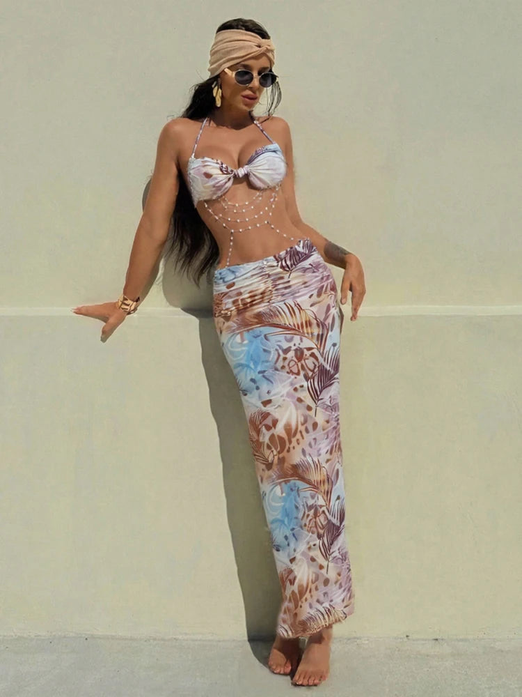 kliou Pearl Splice Stunning Dresses Women Sexy Tie Dye Tassel Bandage Hollow Shirring Maxi Bodycon Lady Vacation Party Vestidos