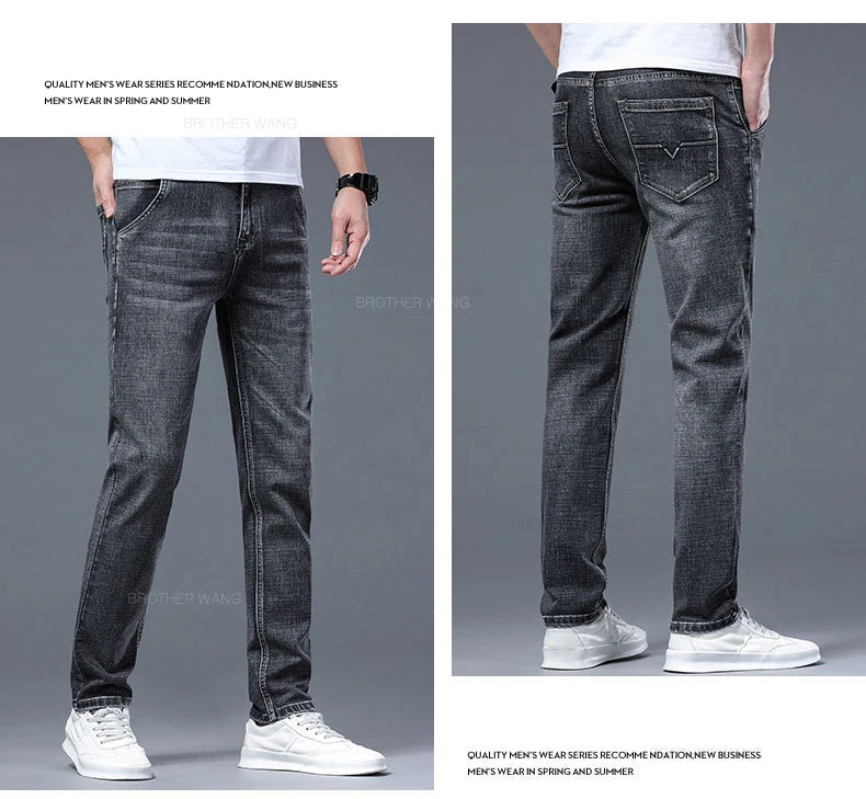 Classic Summer Men's Thin Stretch Fit Jeans Business Casual Slim Fit Denim Pants Soft Fabric High Quality Straight Leg Trousers