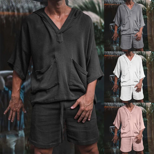 Men Summer Cotton Linen 2pcs Set Loose Short Sleeve Tops Shorts Breathable Casual Beach Home Wear Cosplay Stage Party Costume