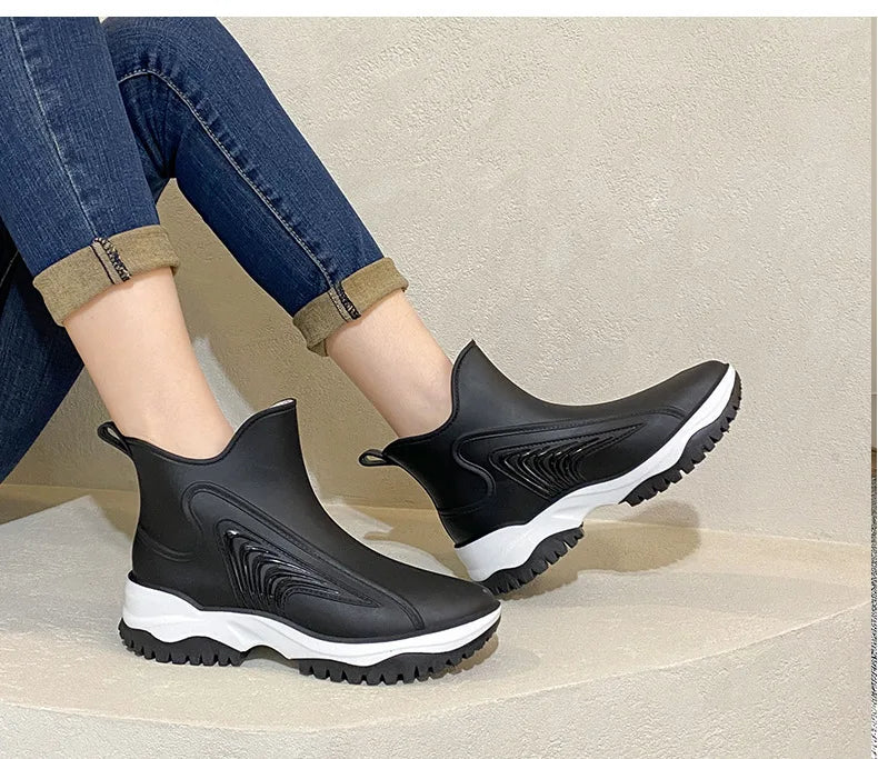 Women Rainboots Slip-on Waterproof Girls Ankle Boots PVC Anti-Slip Spring Autumn Rain Shoes Platform Woman Fishing Rubber Shoes