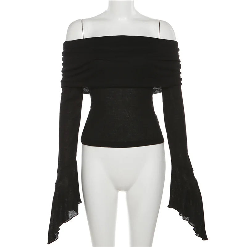 Y2k Aesthetic Women Translucence Tee Shirts Slash Neck Long Sleeve Solid Casual T-Shirts Vintage Off Shoulder Sexy Cute Tshirts