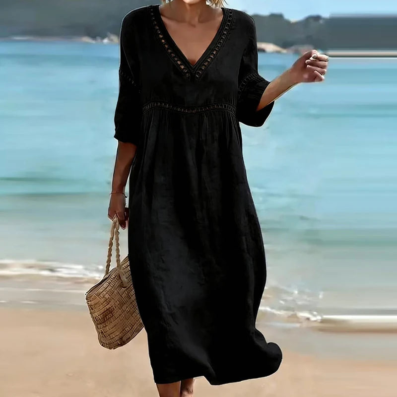 Summer V Neck Half Sleeve Loose Beach Holiday Dress Women Casual Hollow Out Design Solid Color A-line Midi Dress Boho