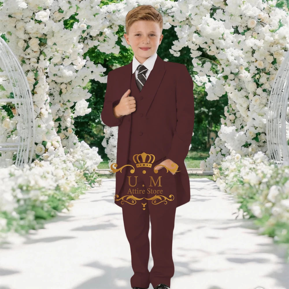 Custom Boys' 3-Piece Tuxedo Set Long Jacket Black Vest Pants Slim Fit Suit for Wedding Birthday Party Children Performances