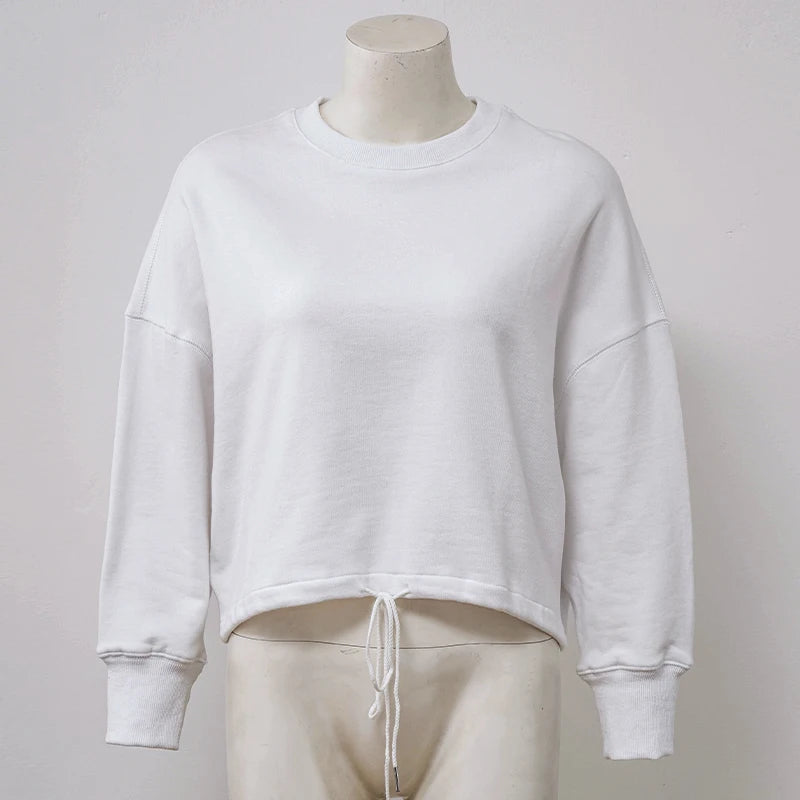 100% Cotton Women's Drawstring Sweatshirt Autumn New Casual Solid Long Sleeved Korean Fashion Streetwear Female Pullover