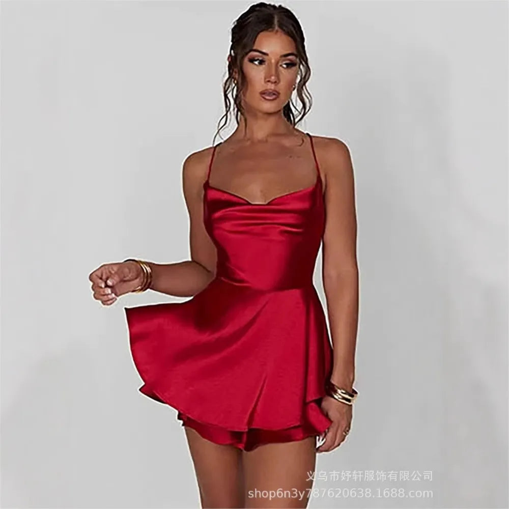 Sexy Dress Mini vestidos Elegant Bodycon Spaghetti Strap solid Color Leace-up Fashion Simple Style Banquet Backless Ruffles Slim