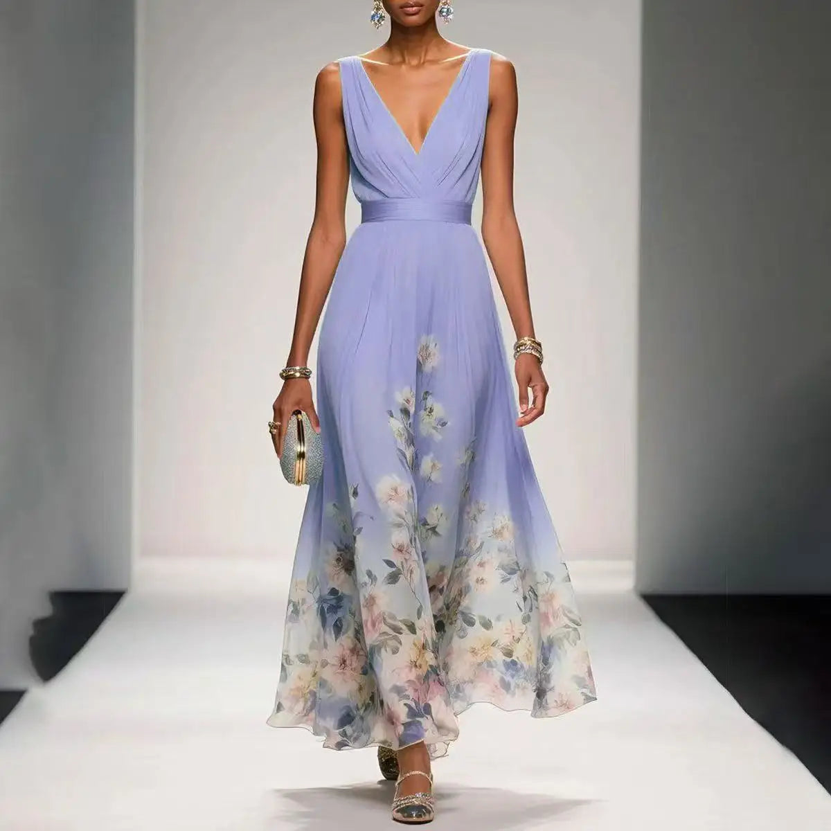 New Fashion Party Dresses Summer Women's Sexy Deep V Neck Floral Print Ruffle Sleeveless High Waist A Line Beach Dress Vestidos
