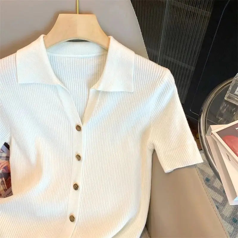 Knitted Polo Shirt  Women's Summer Cardigan Short Sleeve T-Shirt Casual Fashion Short Sleeve Tops Knitwear 2025 Korean Clothing