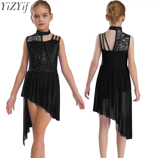 Kids Girls Ballet Lyrical Dance Dress Sleeveless Modern Contemporary Dancewear Floral Lace Rhinestones Gymnastics Leotard Dress