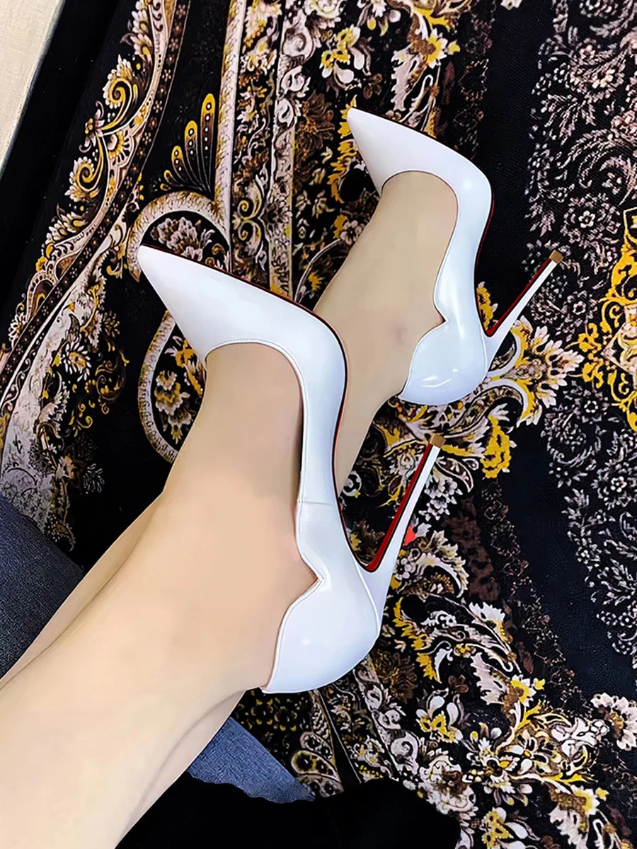 2024 New 12cm Super Shallow Mouth Black Red Sole High Heels Women's Thin Heels Sexy Pointy Large Size Single Shoes