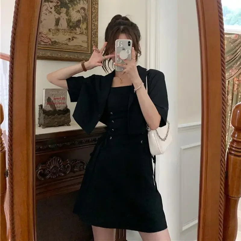 Dress 2 Pieces Sets for Women Lightly Cooked Kawaii Suits Short Sleeve Korea Top and Bottom Summer Clothes 2025 Y2k Woman Outfit