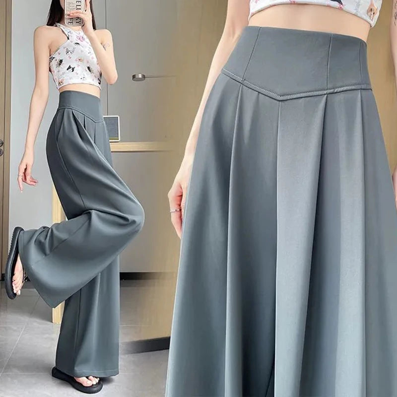 Lady Korean Solid High Waist Pants Girls Fashion Wide Leg Suit Trousers Women Slim Fit Comfortable Daily Slacks