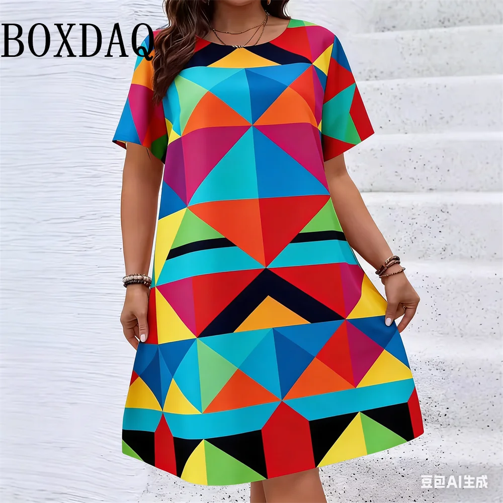 Ethnic Style Pattern Geometry Flower Dresses For Women 2026 Summer Fashion Plus Size Short Sleeve Print Dress Casual Retro Loose