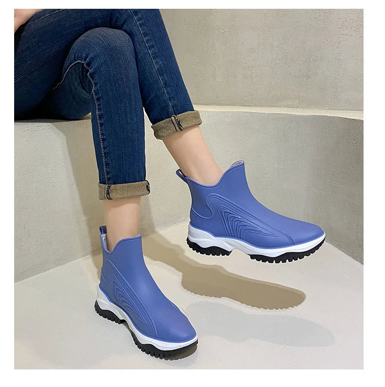 Women Rainboots Slip-on Waterproof Girls Ankle Boots PVC Anti-Slip Spring Autumn Rain Shoes Platform Woman Fishing Rubber Shoes
