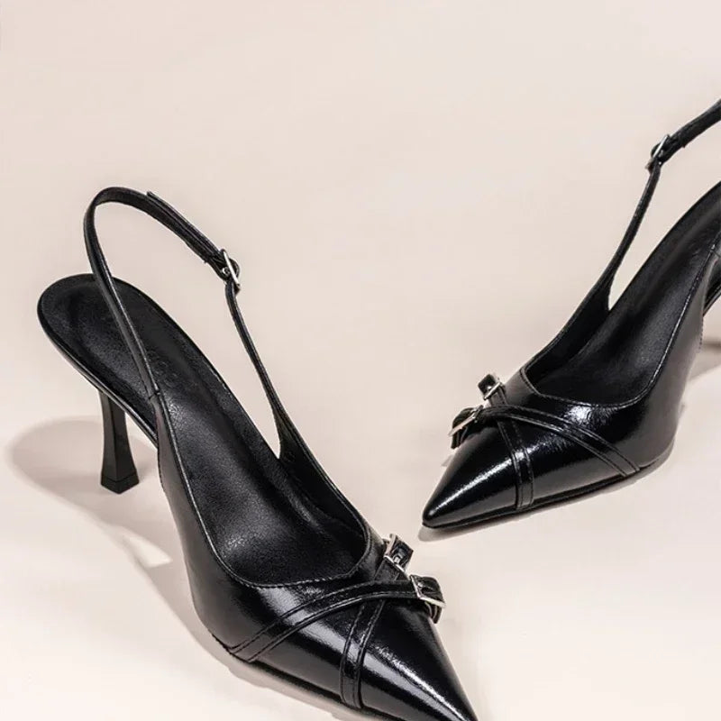 Summer Elegant Buckle Decorated Black Stiletto Women's Sandals Fashion Pointed Toe Shallow Mouth New Sexy High Heels