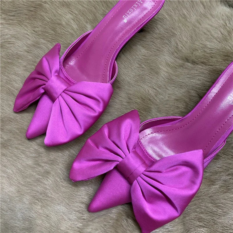 2024 Spring Pointed Toe Stiletto Heel Kitten Heels Bow Heel-Free Slippers for Women