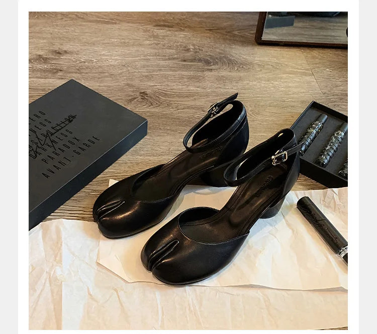 Brand Designer Tabi ninja high heels shoes woman ankle strap silver crack leather pumps split toe D'orsay mary janes shoes woman