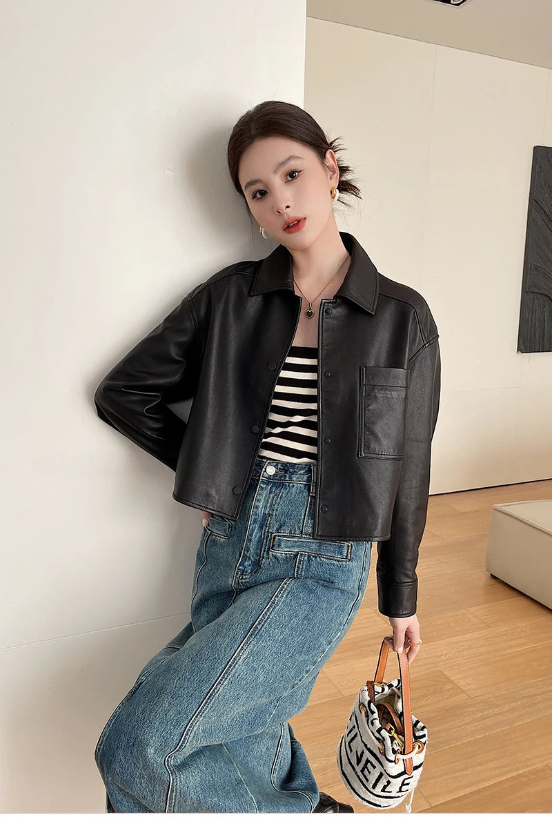 Casual Black Natural Sheepskin Coats for Women Spring Autumn 2026 New Trend High-end Simple Soft Short Genuine Leather Jacket