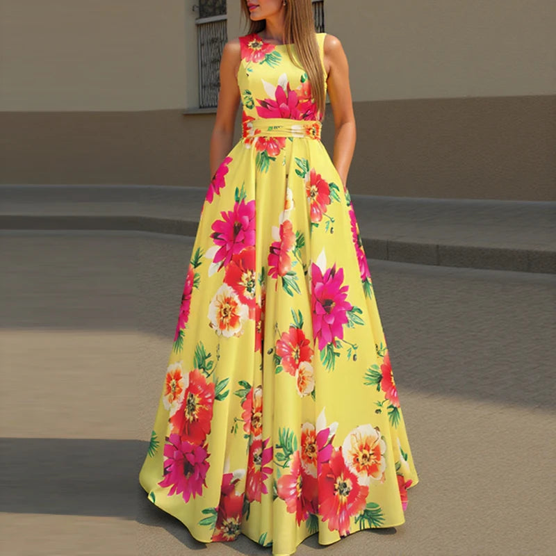 ZANZEA Women Floral Printed Bohemian Sundress 2026 Summer Tank Dress Fashion Sleeveless Waisted Robe Casual Party Maxi Dresses