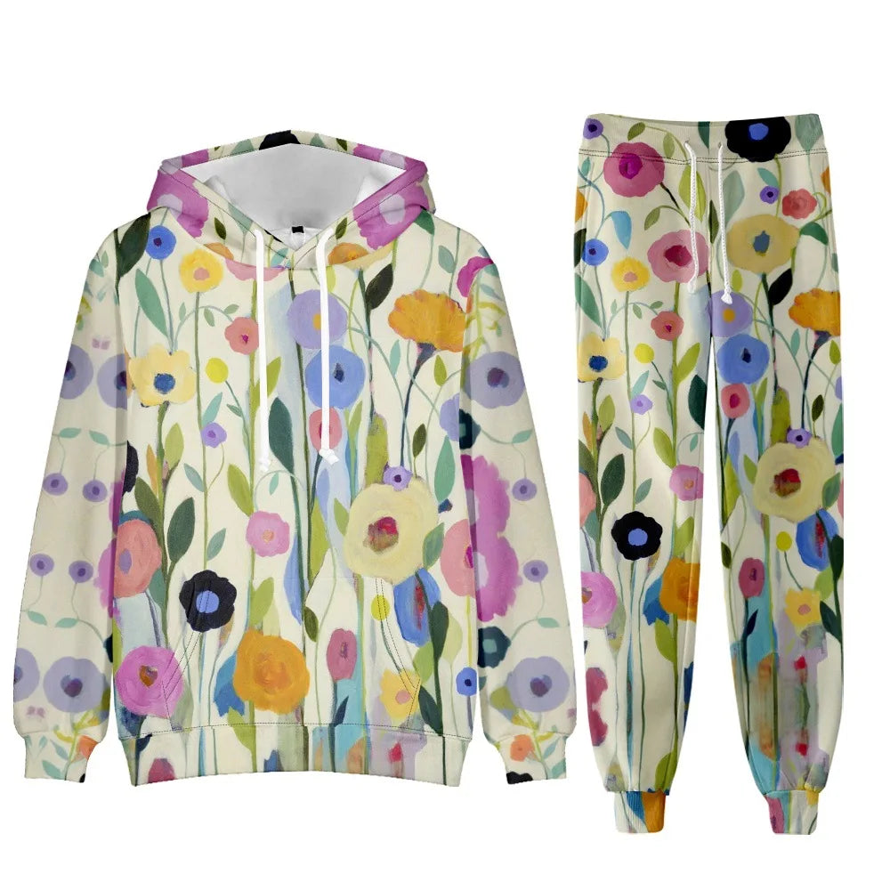 Chic Floral Elegant Suit Women's Tracksuit Funny 2 Piece Outfits Sports Lounge Hoodie Oversized Jogger Sweatpants Sweatsuit Sets