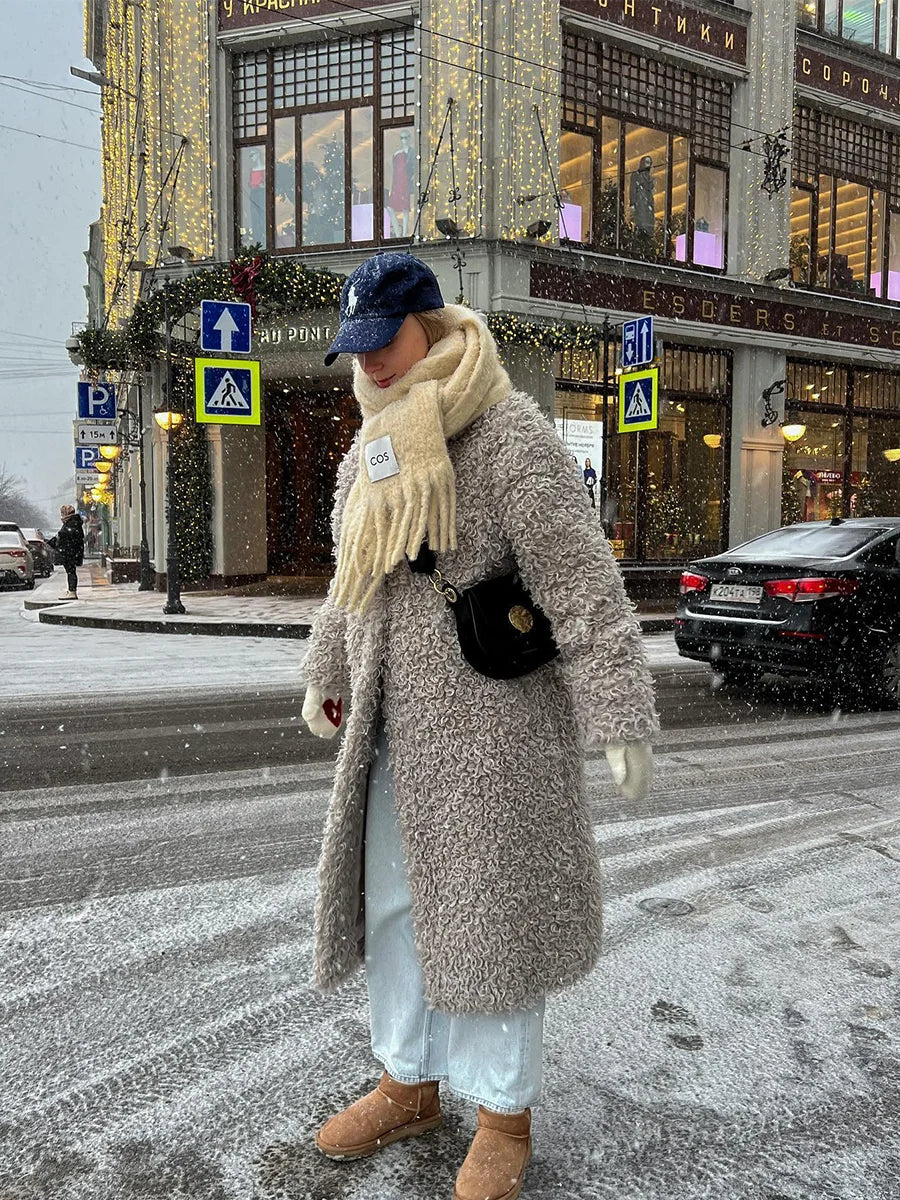 Gray Wool Faux Fur Shearling Long Coat for Women Winter 2025 Winter Fashion Trendy Teddy Maxi Coat Monki Curly Clean Fit Outwear
