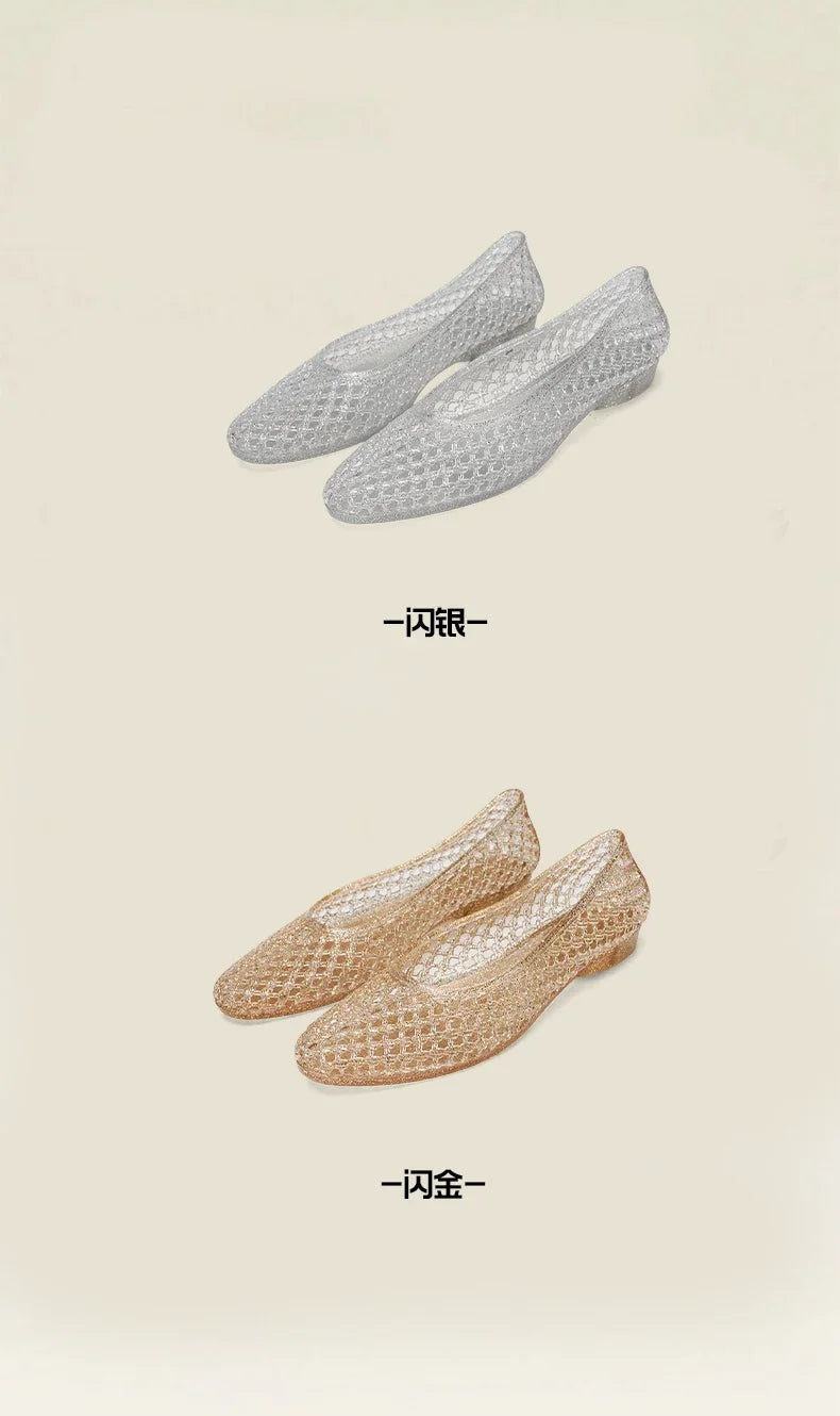 Summer Flat Sandals Women Hollow Out Crystal Plastic Jelly Shoes Mesh Outdoor Sandals