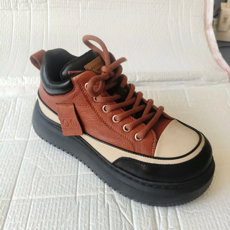 Myjyjz 4.5cm Cow Genuine Leather Women Spring Platform Wedge Flats Chunky Sneakers Lace Up Autumn Loafer Vulcanize Shoes Rubber