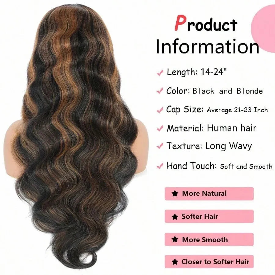 Ombre V Part Wig Human Hair Body Wave Upgrade U Part Human Hair Wig With Clips Black Wigs For Women 230% Density No Leave Out