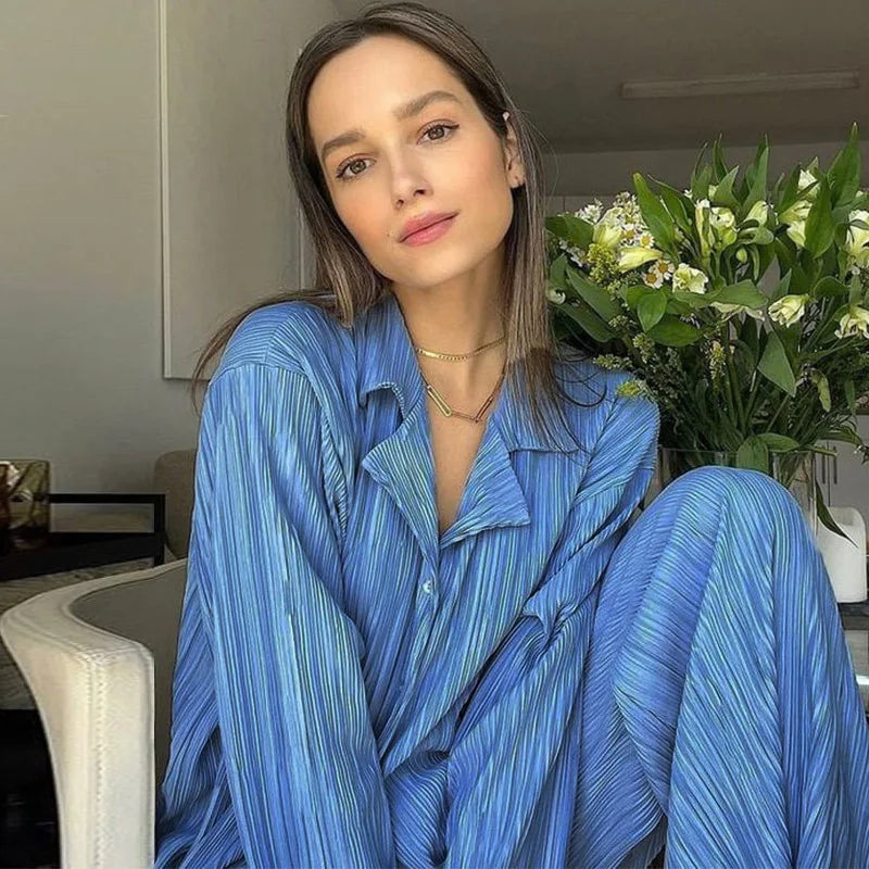 New Two Piece Set Women Outfits Pleated Women's Elegant  Drape Loose Sets Shirt High Waist Trousers Female Suit Fashion Casual