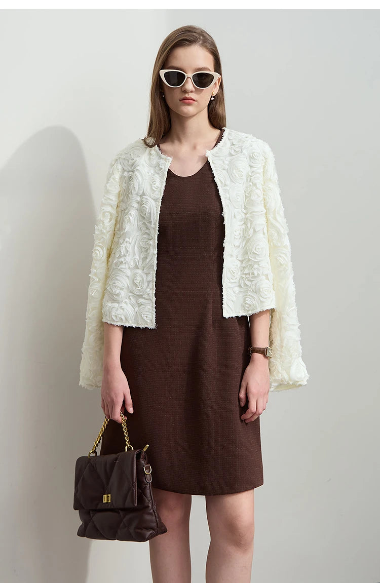AMII Minimalism Short Jacket Women 2025 Autumn Elegant Floral O Neck Coat