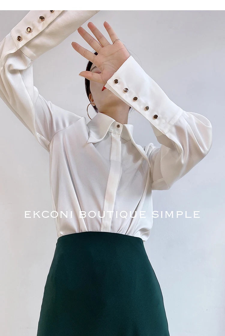 Stylish Elegant Turn Down Collar White Long Sleeve Satin Shirts Fashion Woman Vintage Blouse 2024 Office Lady Tops Blusas 16946