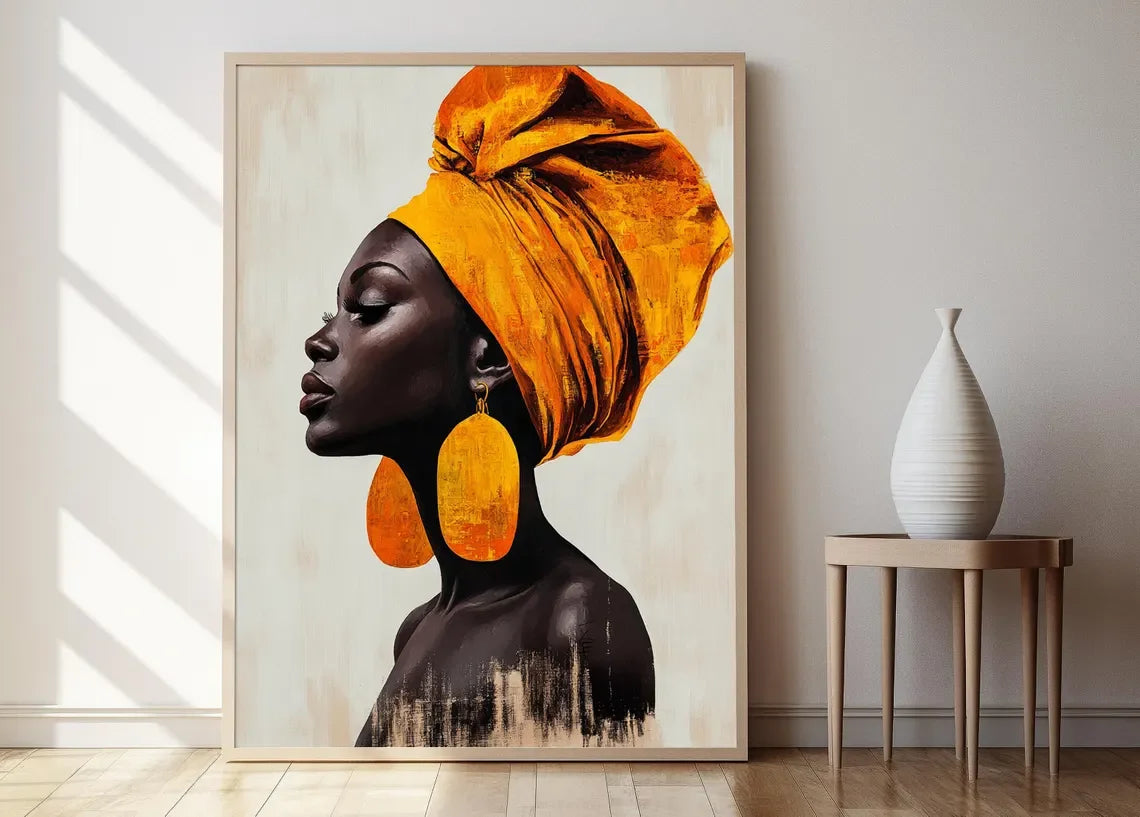 African Woman Portrait: Yellow Headwrap Art Print, Afrocentric Wall Decor