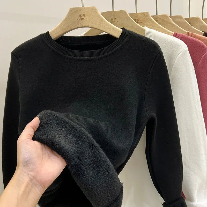 Women's O-neck Velvet Thicken Sweaters Winter Slim Warm Long Sleeve Knitted Tops Casual Plush Fleece Lined Soft Pullovers Ladies