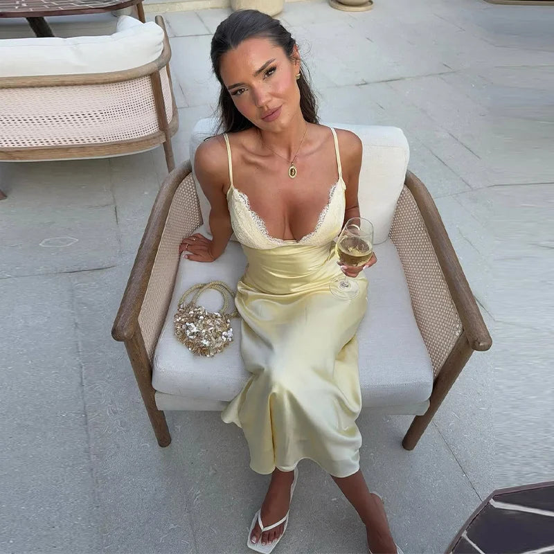 Sexy Backless Satin Women's Summer Dress V-neck Sleeveless Backless Slit Beach Sling Sundress 2026 Lady Chic Evening Party Robes