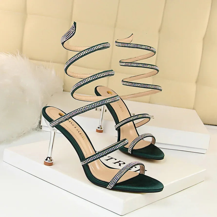 Summer Women 8.5cm High Heels Nightclub Silk Rhinestone Sandals Crystal Ankle Cross Strap Sandles Sexy Strange Gladiator Shoes