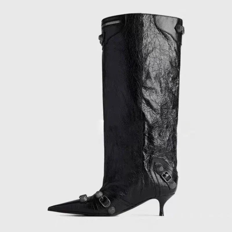 Women's Sexy Stiletto High Heels with Rivet Decoration, Wide Barrel Knee Length Boots, European and American Fashion Show Boots