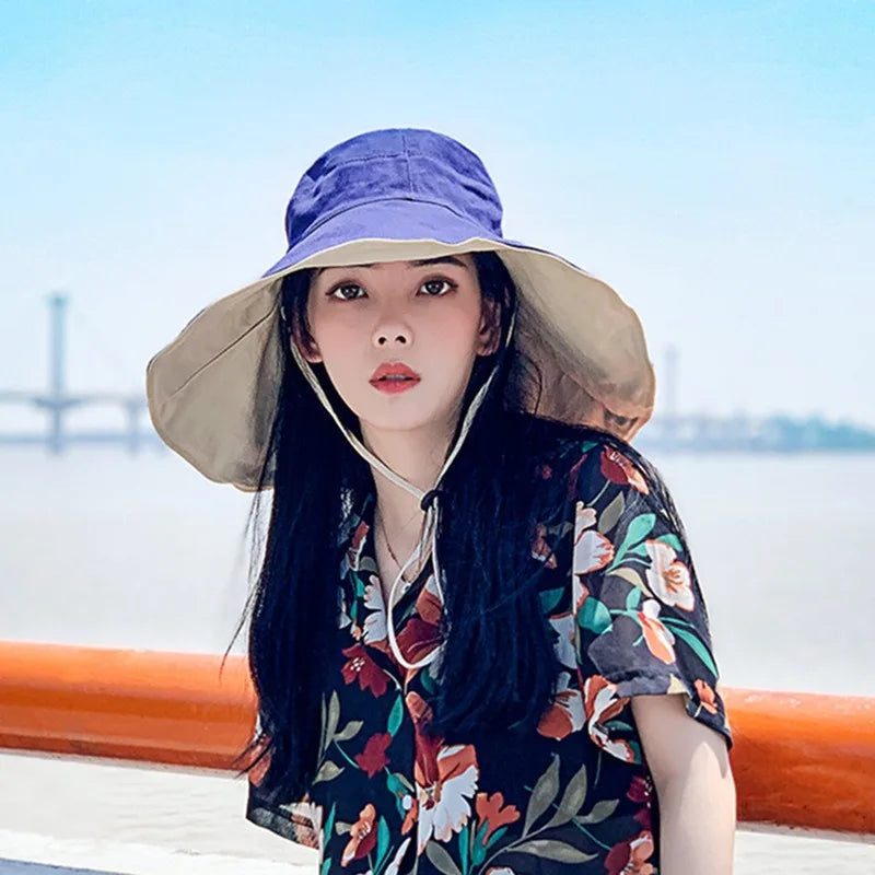 Wide Brim UPF 50+ Sun Hat Women Anti-UV Protection Hiking Fisherman Cap Fold Summer Solid Beach Hat 2024 Double sided Sun hat BAZAARHUBO