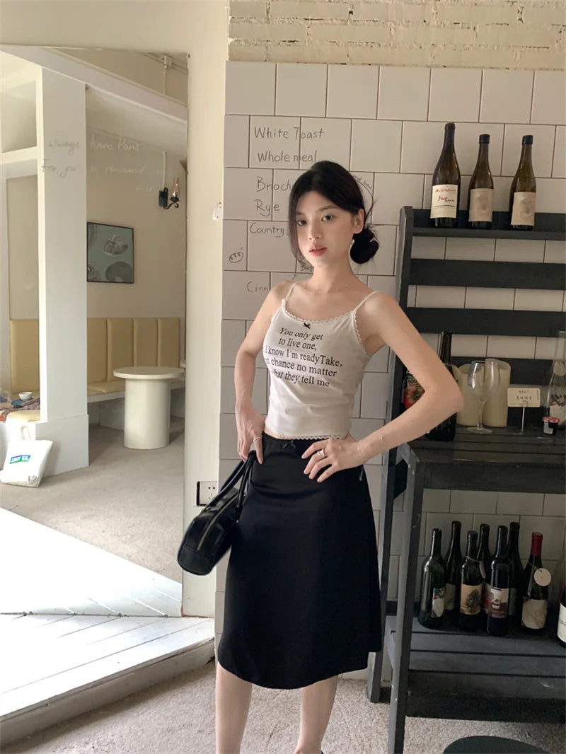 Solid Mermaid Skirts Women American Style Retro Bow Temperament Fashion High Street Slimming Casual All-match Daily Summer Cozy