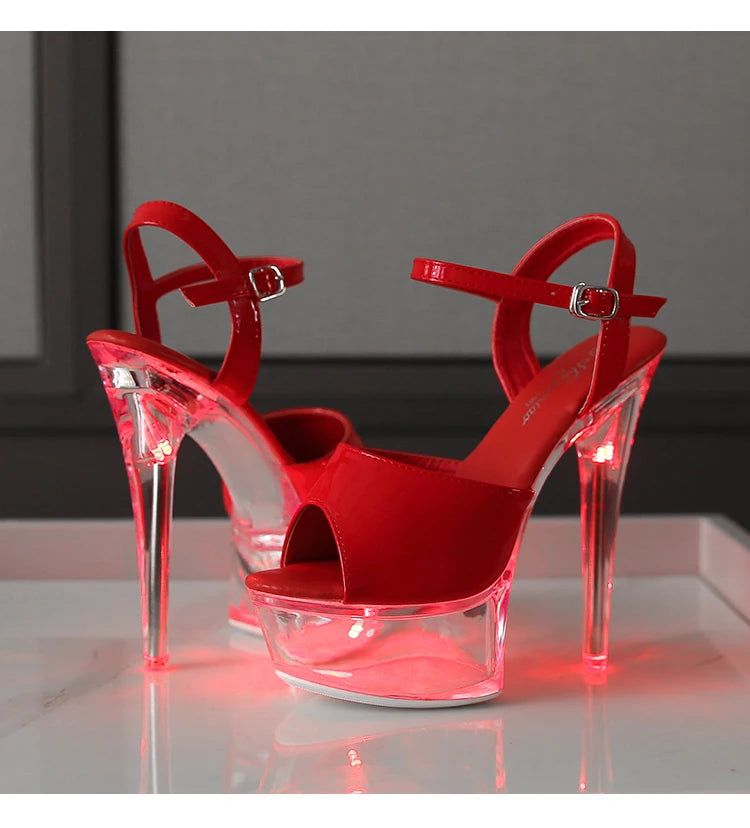 Women's Transparent And Glowing High Heels Red LED Light Up Party Sandals Nightclub Pole Dance Shoes 14.5CM Summer Runway Pumps