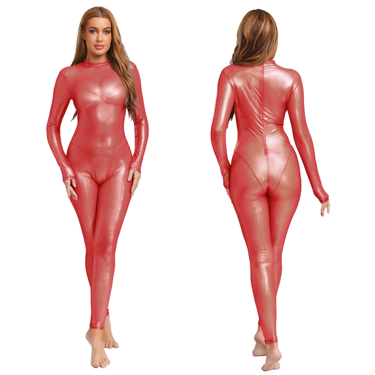 Women Metallic Shiny Full Body Unitards Jumpsuit Rave Nightclub With Back Zipper