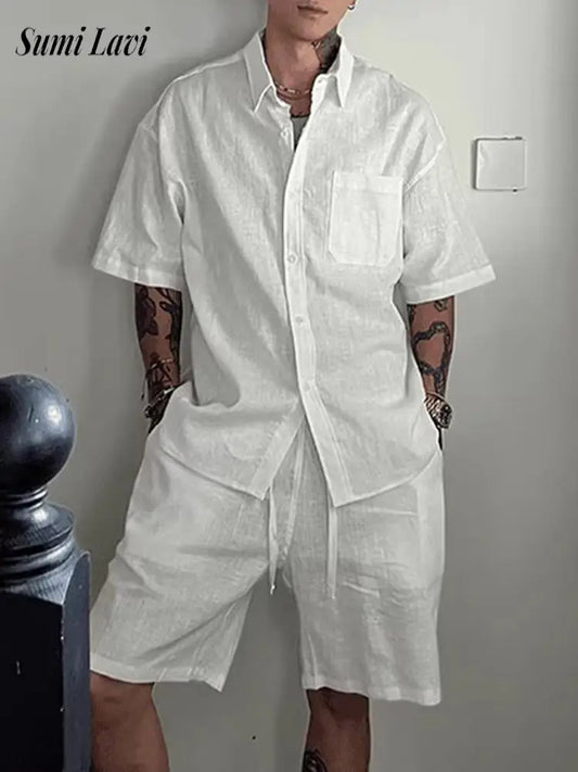 Old Money Aesthetic Linen Two Piece Suits Mens Spring Summer Daily Casual Solid Color Shirts And Shorts Outfits Men Vintage Sets
