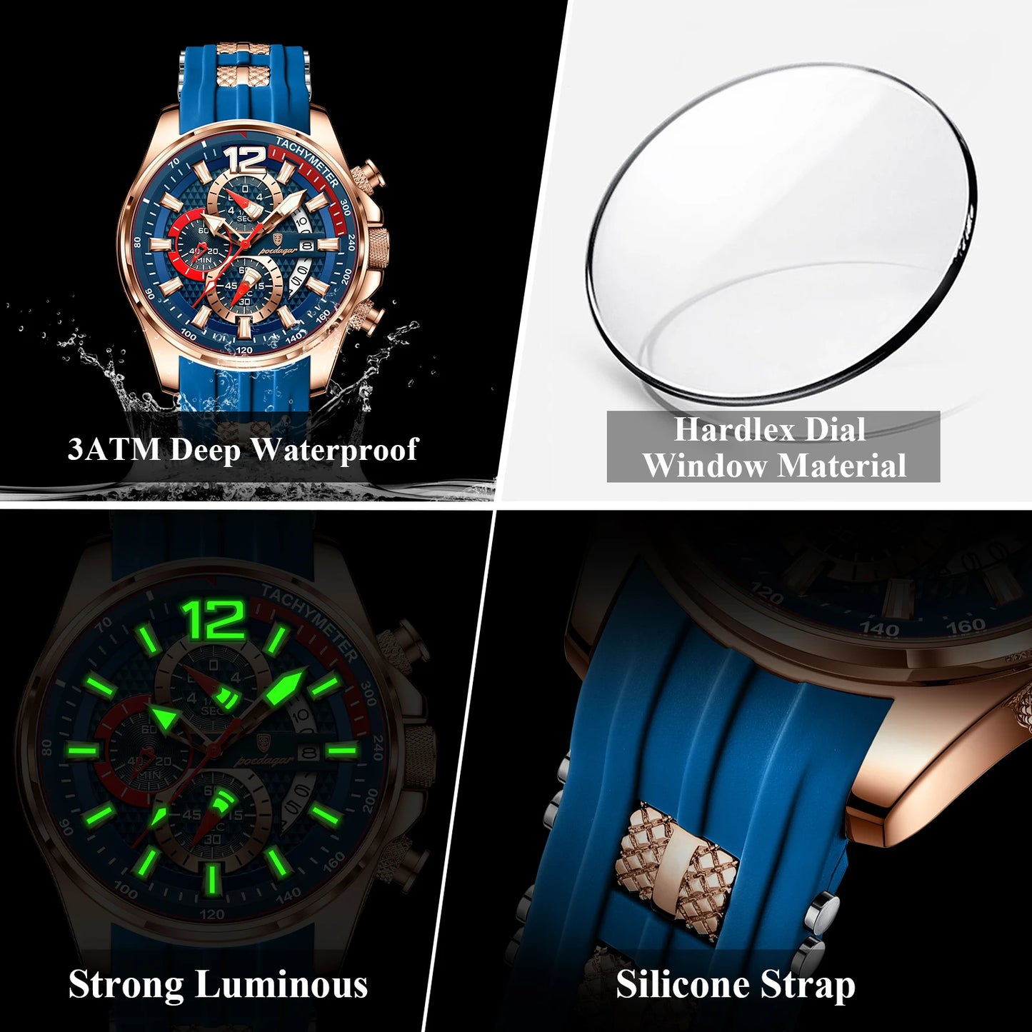 POEDAGAR Luxury Watch For Men Date Chronograph Luminous Waterproof Silicone Male Watch Fashion Sports Quartz Men's Watches Reloj